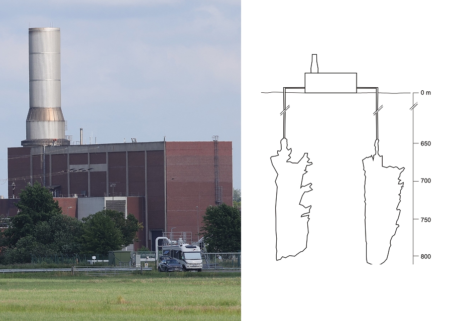 Left: Photo of the Huntorf plant, a large, brown, brick plower plant building with an exhaust chimney, set against a light blue sky. Right: A schematic side view drawing of the Huntorf plant and the two caverns stretching 800m deep.