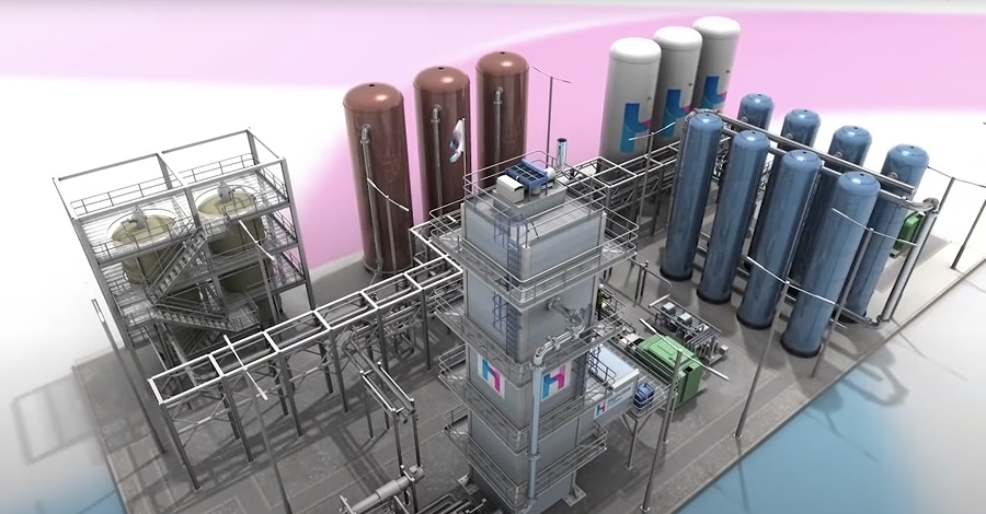 3D-rendered view of a Highview Power plant with lots of shiny pipes, tanks and a compressor tower in front.