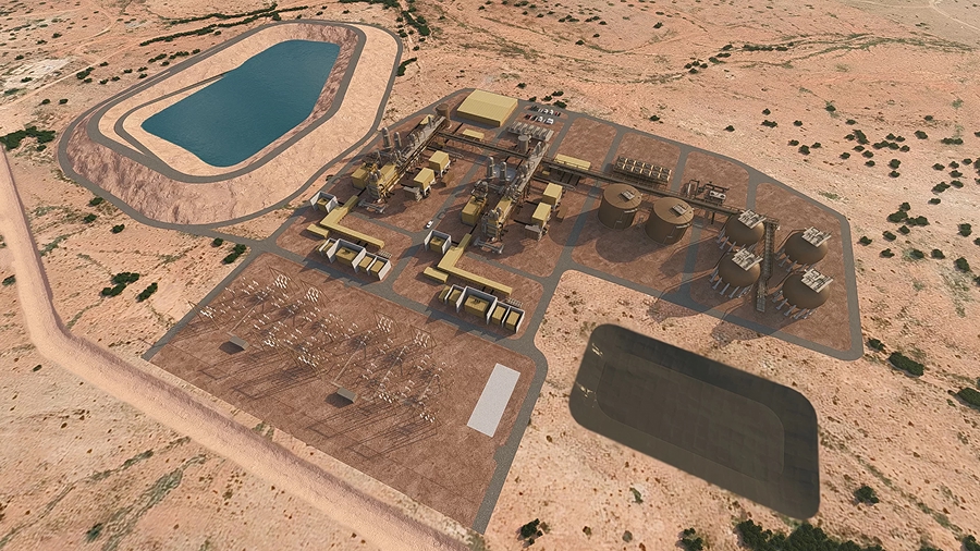 3D-rendered view of a planned Hydrostor facility, depicting a water reservoir, a transformer station, storage vessels and some generic power plant buildings..