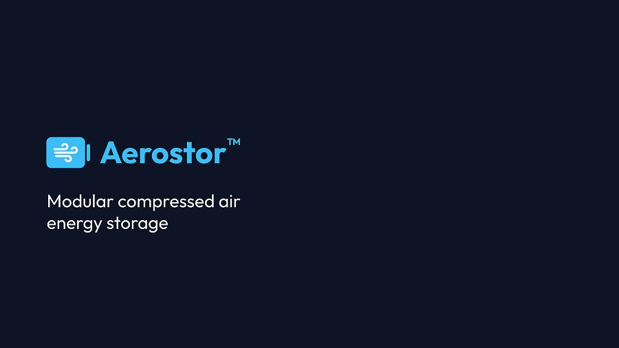 Slide with bright blue font on dark background that says 'Aerostor | Modular compressed air energy storage