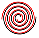 Shown are two archimedean spirals drawn as simple lines. The outer one is red and static, the inner one is black and moves on an eccentric, cirular path.