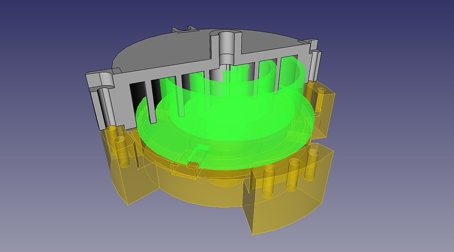 CAD drawing of scroll compressor with semi-transparent surfaces. The top housing is cut away in half, showing the bottom inner scroll interlocked with the top scroll.