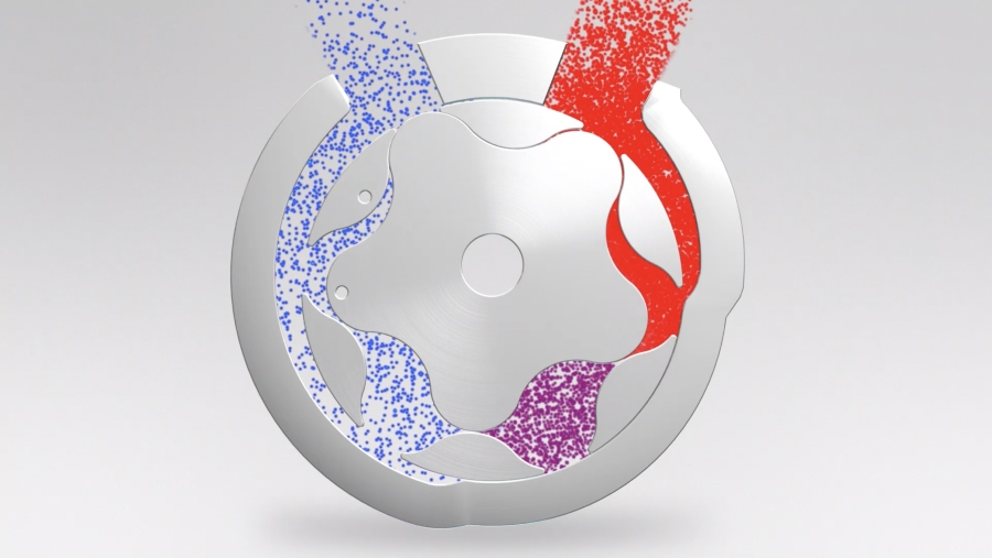 3D rendered view of a metal enclosure with a gas inlet and outlet and a rotor in the middle. The rotor is a rounded star-shaped polygon with 5 vertices and moves within an outer wheel with 6 boundaries. The gas is illustrated as a stream of red (hot) and blue (cold) particles