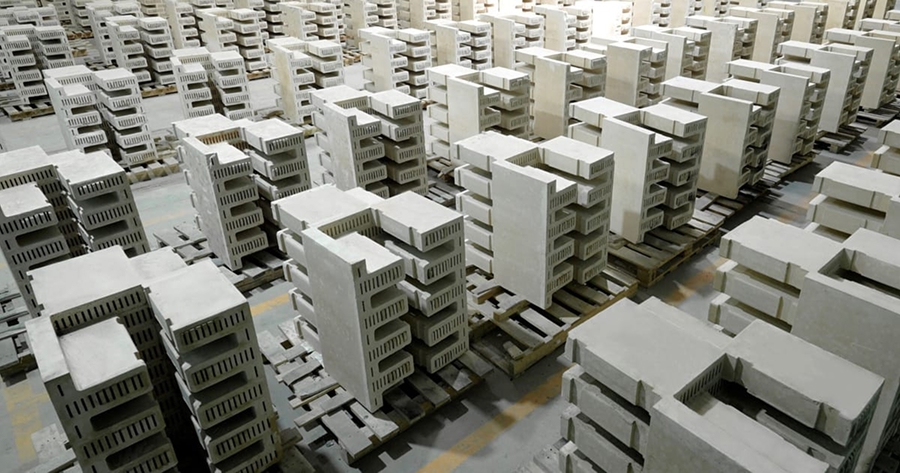 Multiple units of Rondo Energy's heat battery clay bricks, stacked on wooden palettes in a factory