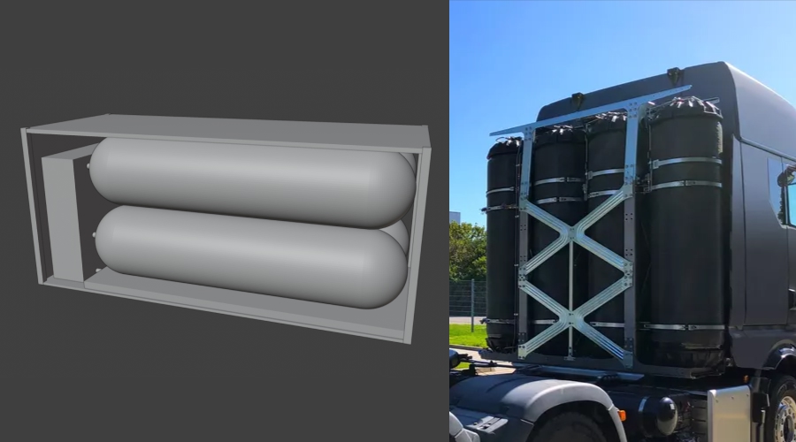 Left: A grayscale rendering of an Aerostor unit in a 20' container, with 4 smaller cylindrical storage tanks, a thermal bed storage at the bottom and a compressor/expander module on the left. Right: Four carbon fiber tanks behind the cabin of black semi-trailer.