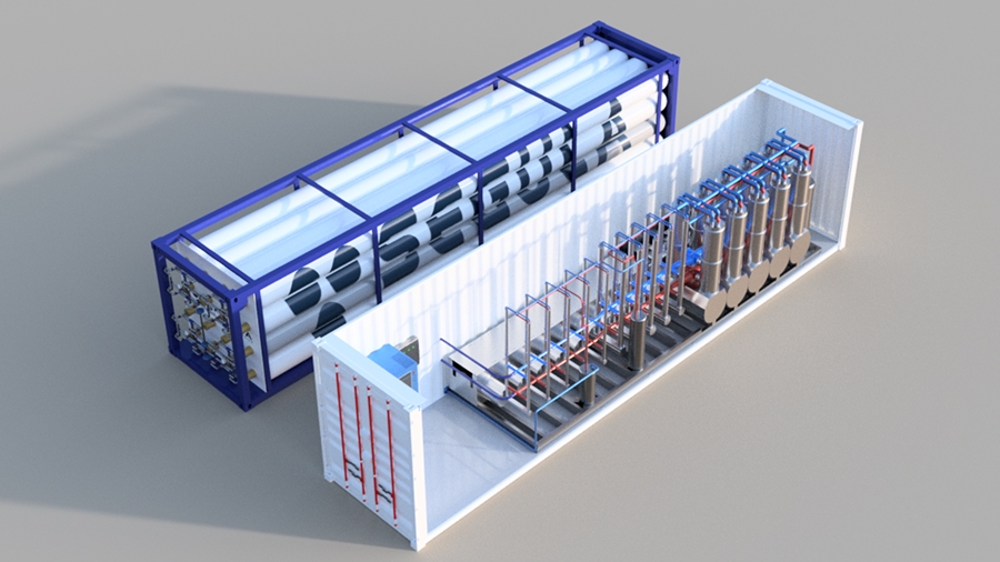 3D rendering that shows two 40' containers. The left container is a cage with 16 long, white storage cylinders arranged in a 4x4 array, with the 'SEGULA' printed across. The right container is shown half open and houses shiny thermal storage tanks as well as blue box that could be a compressor.