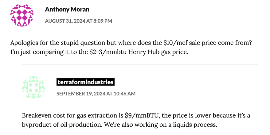 A screenshot from a blog comment that asks why Terraform's expected gas price differs so much from the $2-3 Henry Hub price.