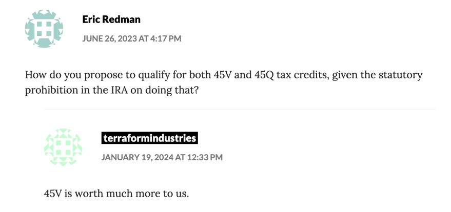 A screenshot from a blog comment that asks abouth the prohibited combination of IRA tax credits 45V and 45Q